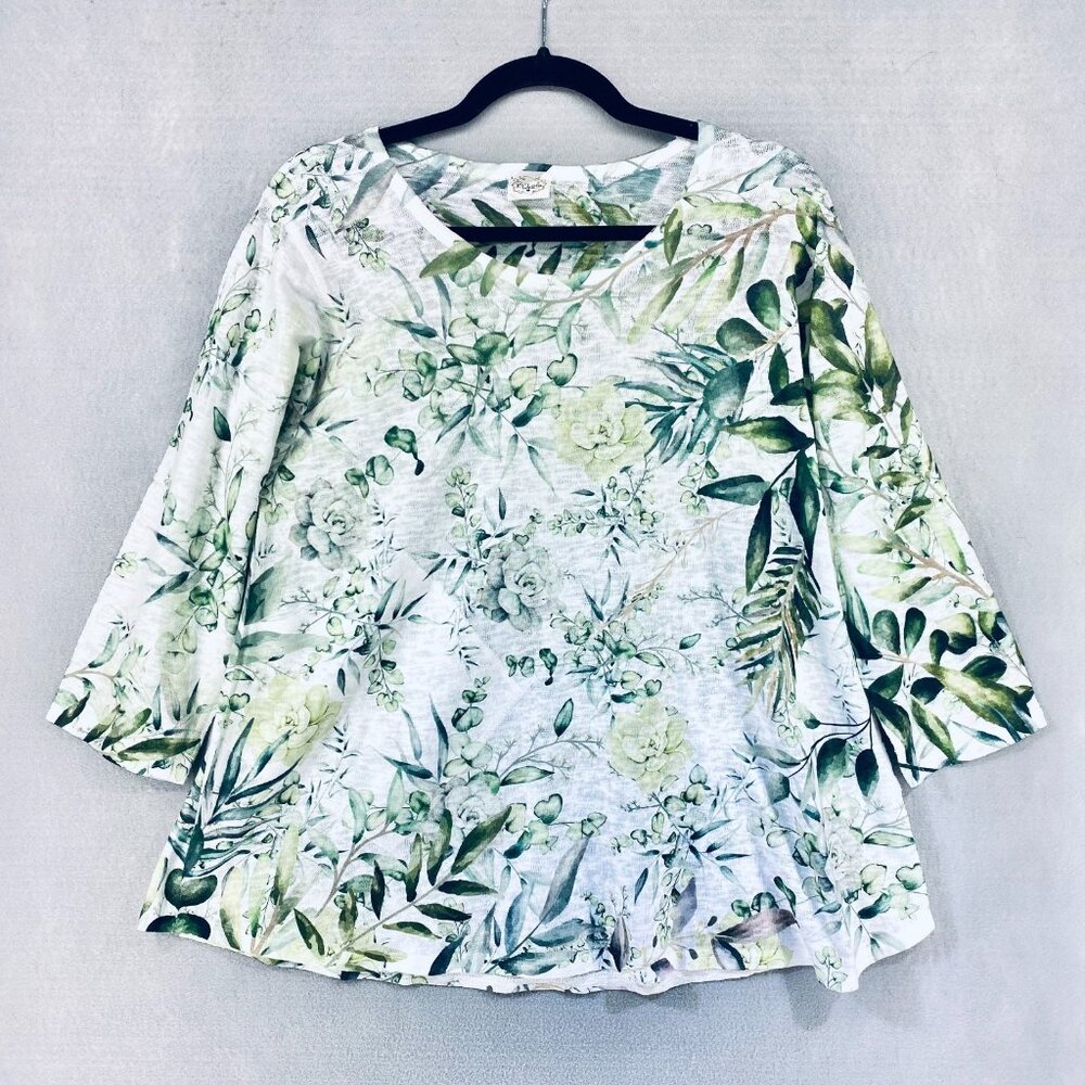 ET Lois Top Womens M Green 3/4 Sleeve Swing Blouse Garden Nature Art